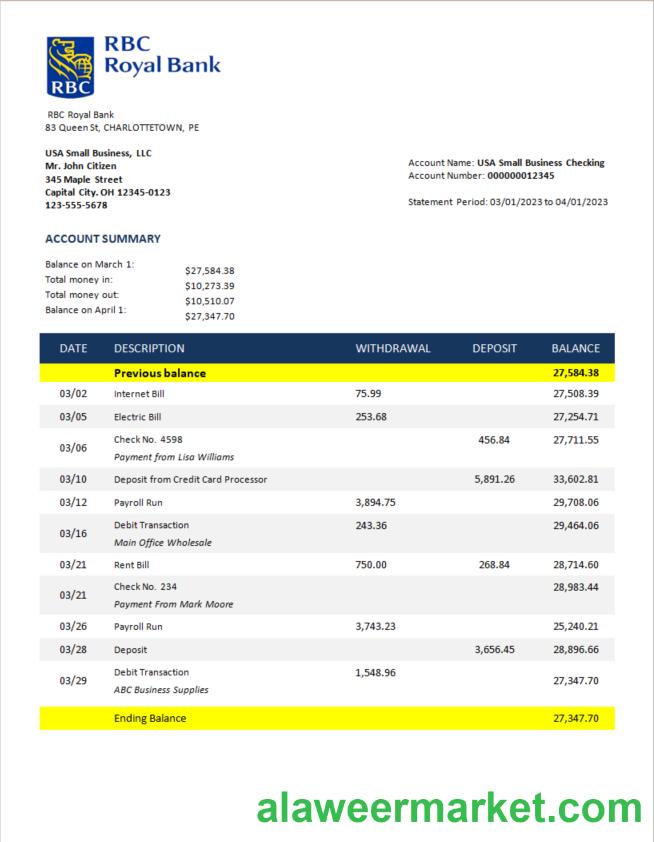 RBC Royal Bank enterprise checking account statement Word and PDF template
